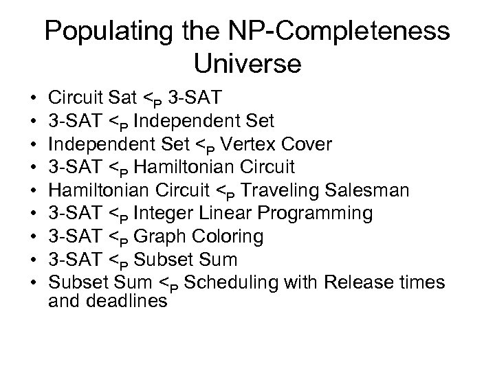 Populating the NP-Completeness Universe • • • Circuit Sat <P 3 -SAT <P Independent