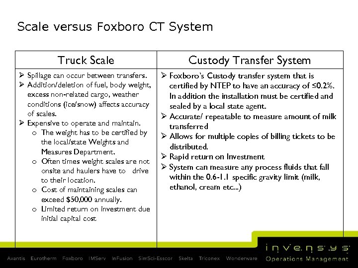 Scale versus Foxboro CT System Truck Scale Custody Transfer System Spillage can occur between