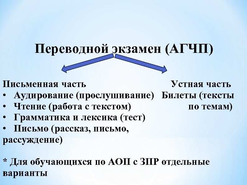 Переводной экзамен (АГЧП) Письменная часть Устная часть • Аудирование (прослушивание) Билеты (тексты • Чтение