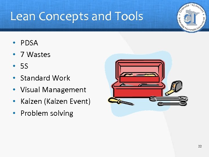 Lean Concepts and Tools • • PDSA 7 Wastes 5 S Standard Work Visual