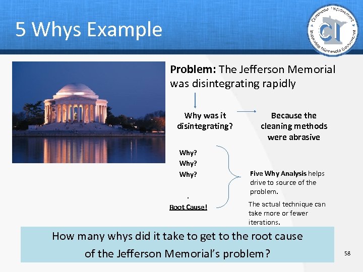 5 Whys Example Problem: The Jefferson Memorial was disintegrating rapidly Why was it disintegrating?