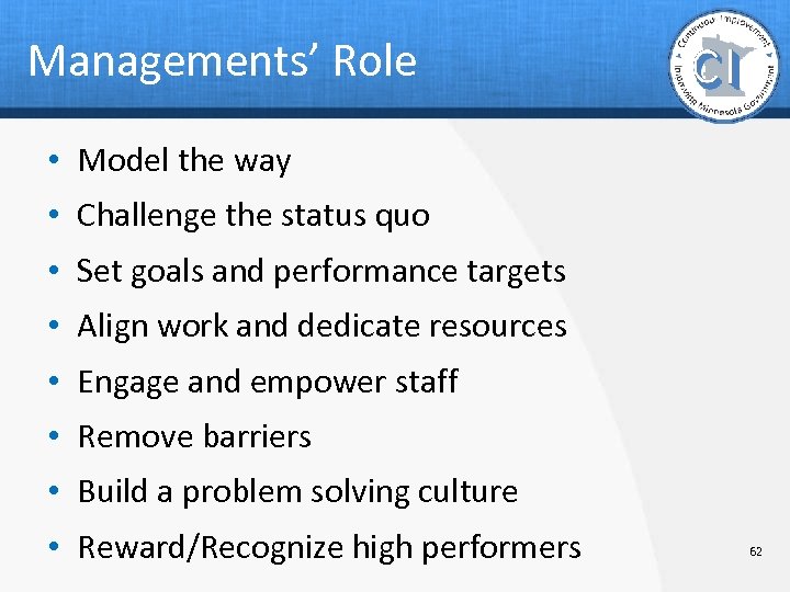 Managements’ Role • Model the way • Challenge the status quo • Set goals