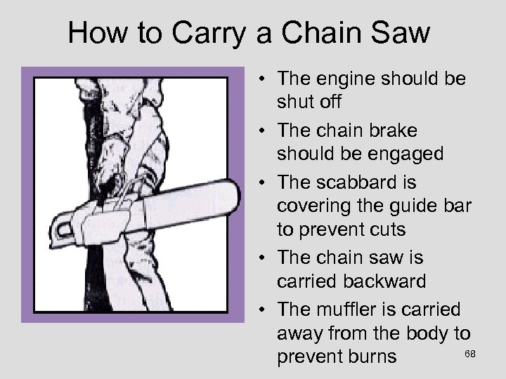 How to Carry a Chain Saw • The engine should be shut off •