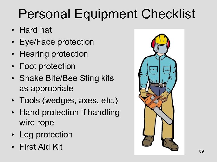 Personal Equipment Checklist • • • Hard hat Eye/Face protection Hearing protection Foot protection
