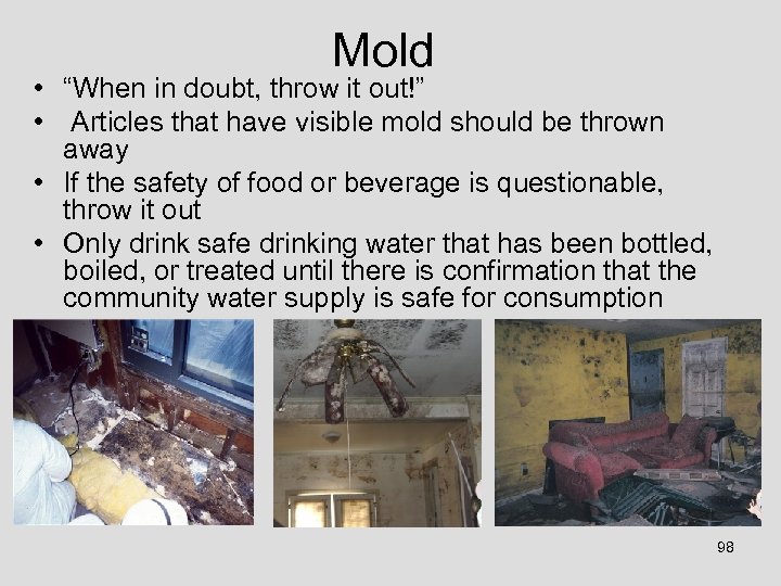 Mold • “When in doubt, throw it out!” • Articles that have visible mold