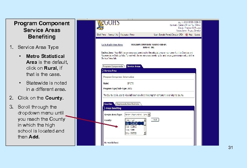 Program Component Service Areas Benefiting 1. Service Area Type • Metro Statistical Area is