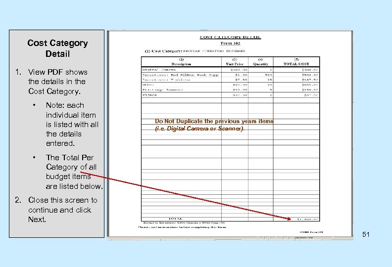 Cost Category Detail 1. View PDF shows the details in the Cost Category. •