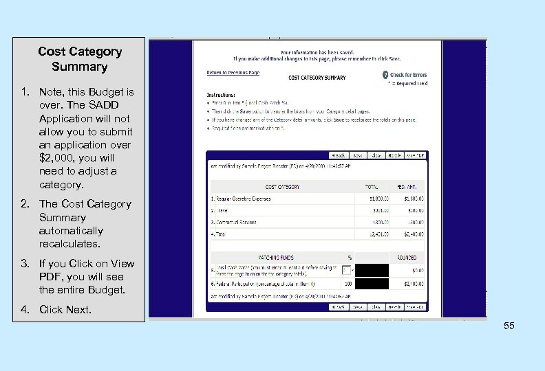 Cost Category Summary 1. Note, this Budget is over. The SADD Application will not