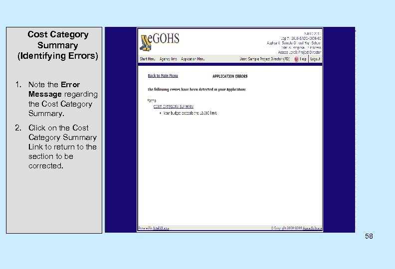 Cost Category Summary (Identifying Errors) 1. Note the Error Message regarding the Cost Category