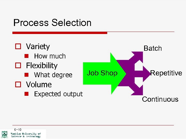 Process Selection o Variety Batch n How much o Flexibility n What degree Job