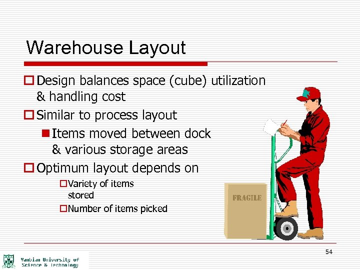Warehouse Layout o Design balances space (cube) utilization & handling cost o Similar to