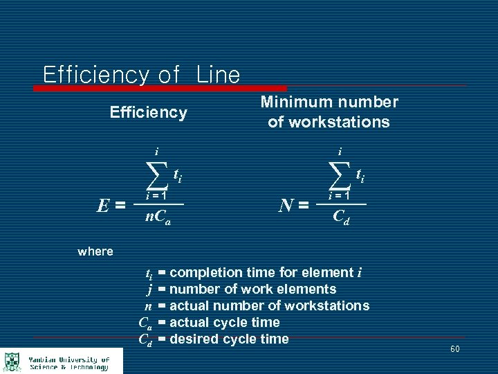 Efficiency of Line Efficiency Minimum number of workstations i t i i i=1 E