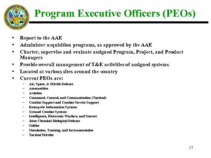 Program Executive Officers (PEOs) • • • Report to the AAE Administer acquisition programs,