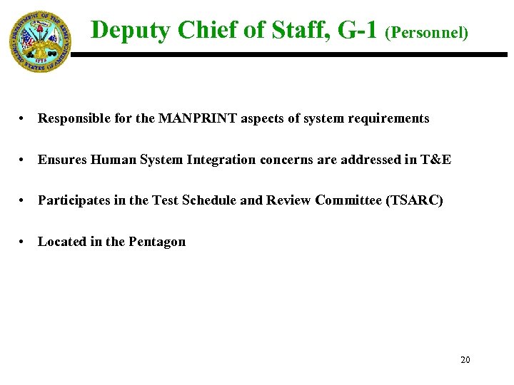 Deputy Chief of Staff, G-1 (Personnel) • Responsible for the MANPRINT aspects of system