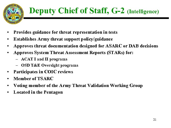 Deputy Chief of Staff, G-2 (Intelligence) • • Provides guidance for threat representation in