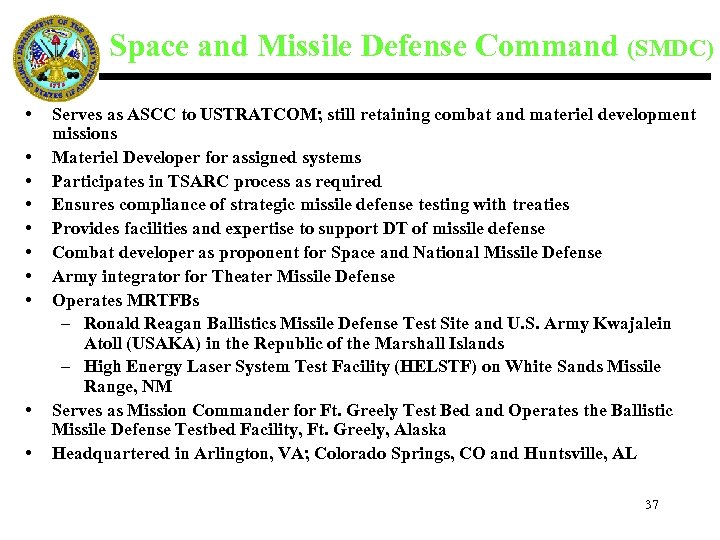 Space and Missile Defense Command (SMDC) • • • Serves as ASCC to USTRATCOM;