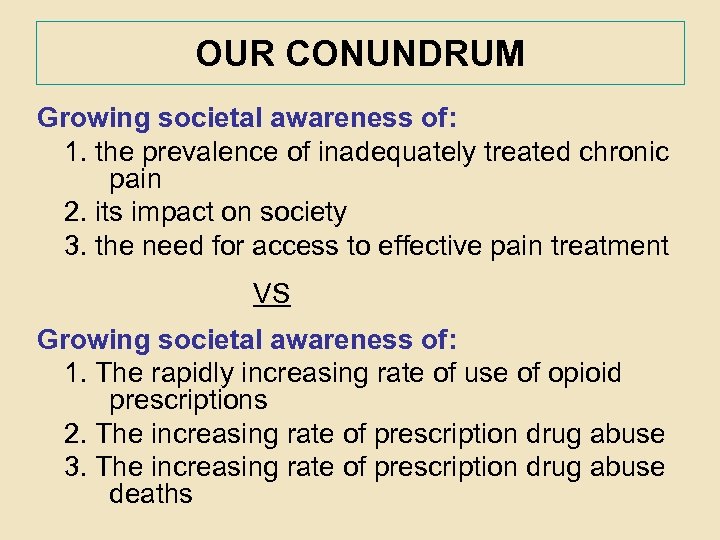 OUR CONUNDRUM Growing societal awareness of: 1. the prevalence of inadequately treated chronic pain