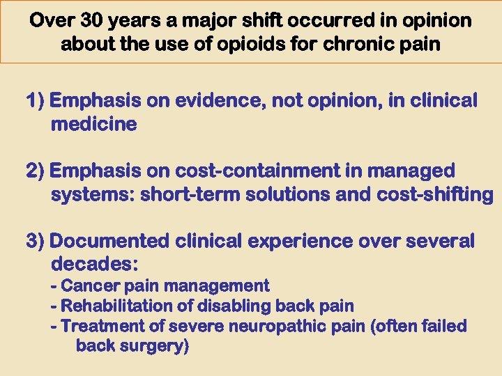 Over 30 years a major shift occurred in opinion about the use of opioids