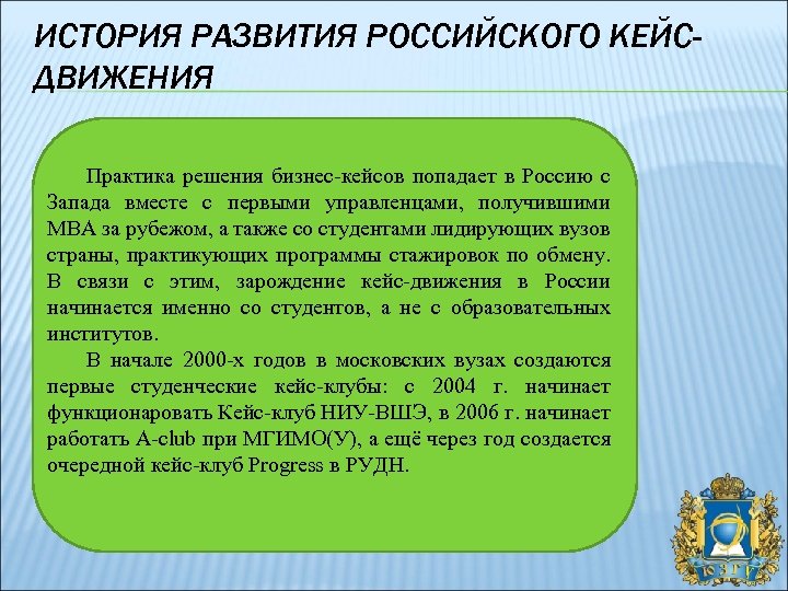 ИСТОРИЯ РАЗВИТИЯ РОССИЙСКОГО КЕЙСДВИЖЕНИЯ Практика решения бизнес-кейсов попадает в Россию с Запада вместе с