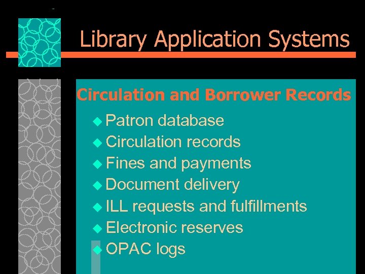 Library Application Systems Circulation and Borrower Records u Patron database u Circulation records u