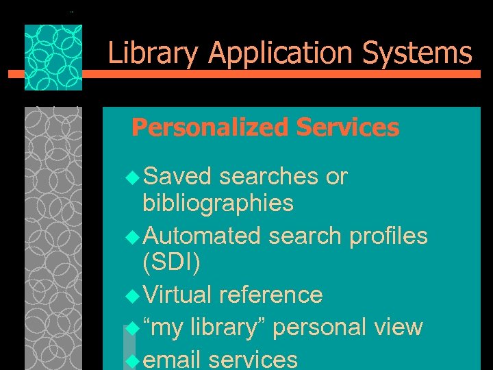 Library Application Systems Personalized Services u Saved searches or bibliographies u Automated search profiles