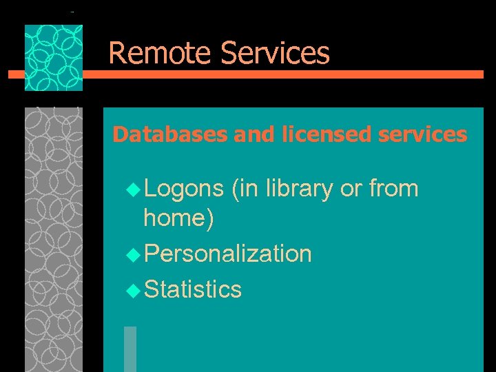 Remote Services Databases and licensed services u Logons (in library or from home) u