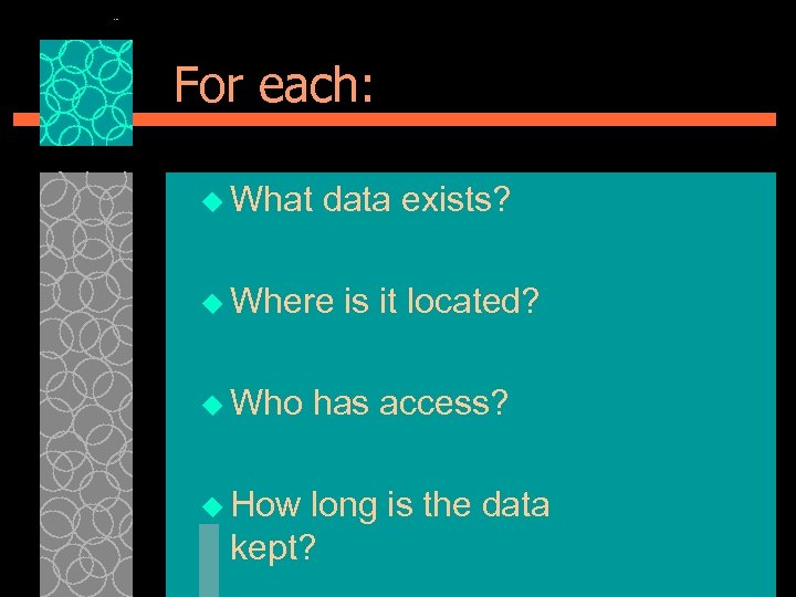 For each: u What data exists? u Where u Who u How is it