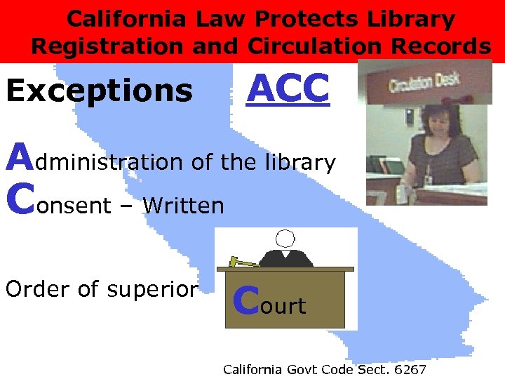 California Law Protects Library Registration and Circulation Records ACC Exceptions Administration of the library