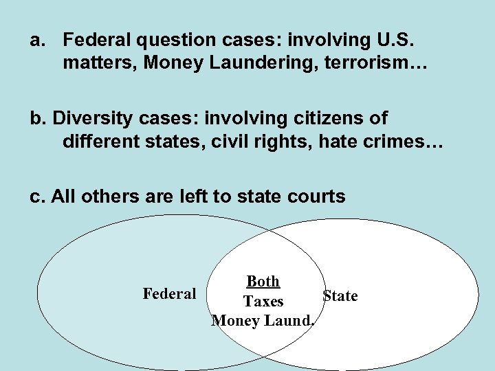 a. Federal question cases: involving U. S. matters, Money Laundering, terrorism… b. Diversity cases:
