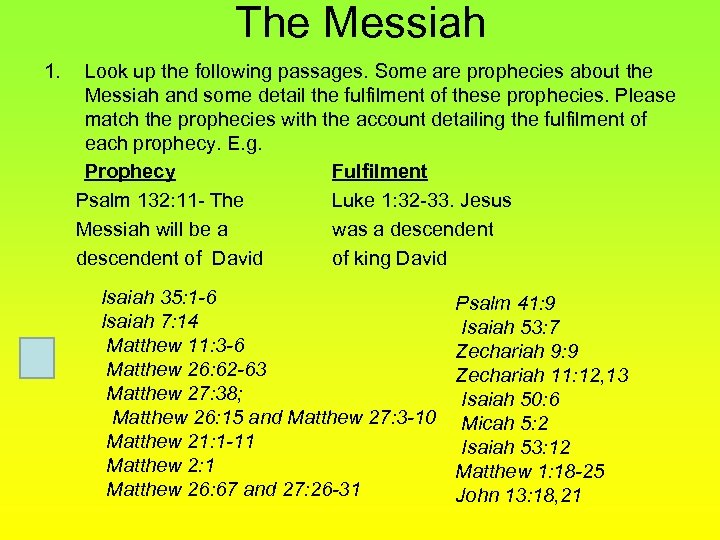 The Messiah 1. Look up the following passages. Some are prophecies about the Messiah