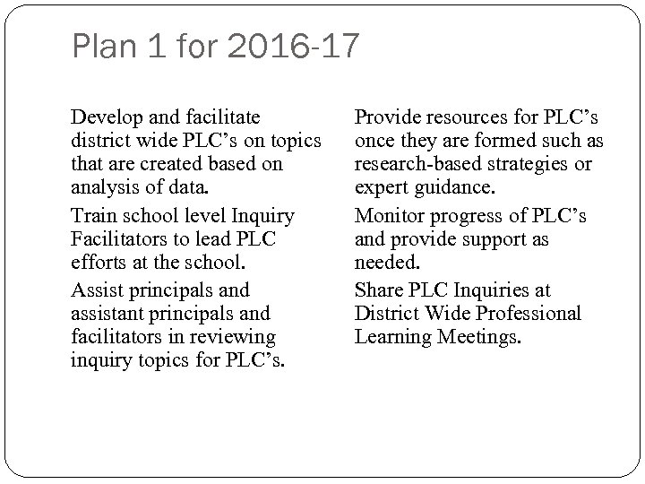 Plan 1 for 2016 -17 Develop and facilitate district wide PLC’s on topics that