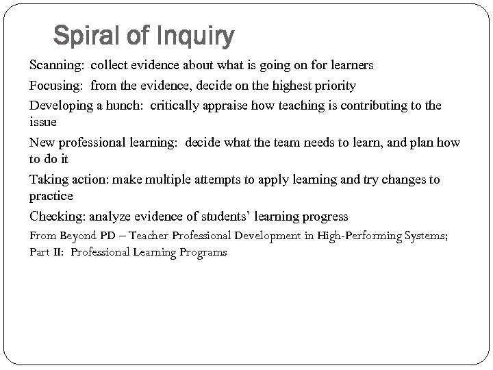 Spiral of Inquiry Scanning: collect evidence about what is going on for learners Focusing: