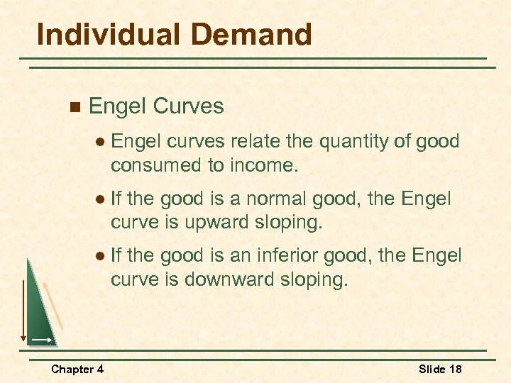 Individual Demand n Engel Curves l Engel curves relate the quantity of good consumed