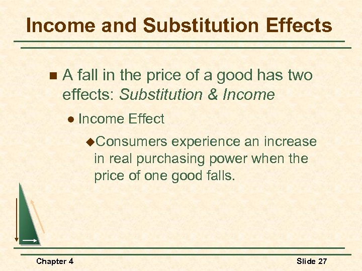 Income and Substitution Effects n A fall in the price of a good has