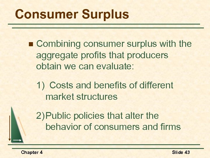 Consumer Surplus n Combining consumer surplus with the aggregate profits that producers obtain we