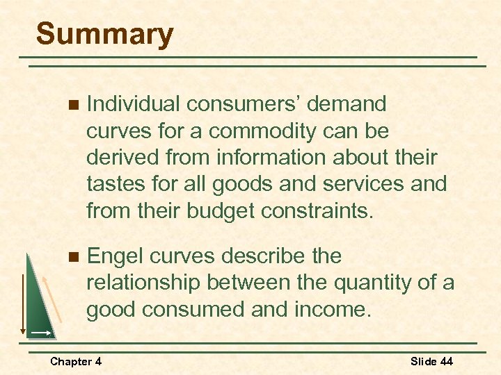 Summary n Individual consumers’ demand curves for a commodity can be derived from information