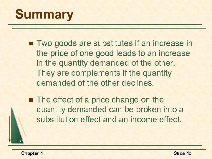 Summary n Two goods are substitutes if an increase in the price of one