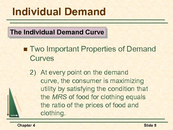 Individual Demand The Individual Demand Curve n Two Important Properties of Demand Curves 2)