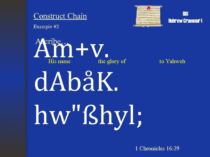 BBI Hebrew Grammar I Construct Chain Example #2 Am+v. d. AbåK. hw"ßhyl; Ascribe… His