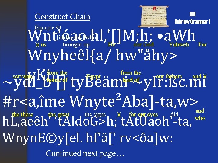 BBI Hebrew Grammar I Construct Chain Example #4 Wnt'óao hl, ’[]M; h; • a.