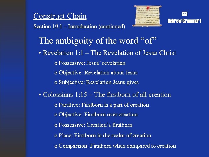 Construct Chain Section 10. 1 – Introduction (continued) BBI Hebrew Grammar I The ambiguity