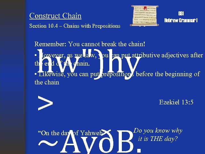 BBI Hebrew Grammar I Construct Chain Section 10. 4 – Chains with Prepositions Remember: