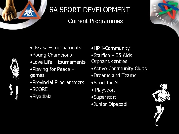 SA SPORT DEVELOPMENT Current Programmes • Ussasa – tournaments • Young Champions • Love