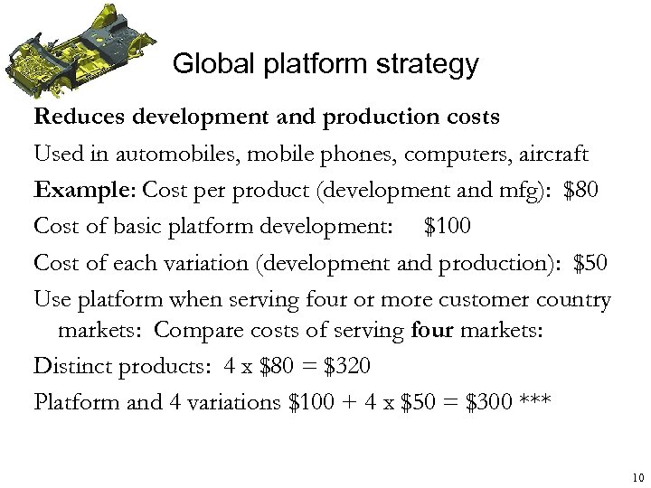 Global platform strategy Reduces development and production costs Used in automobiles, mobile phones, computers,