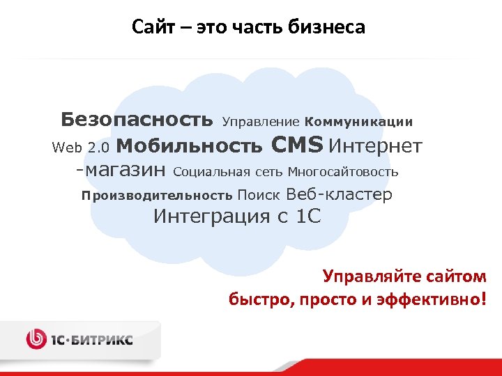 Сайт – это часть бизнеса Безопасность Управление Коммуникации Web 2. 0 Мобильность CMS Интернет