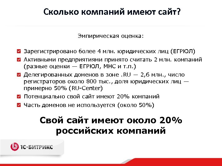 Сколько компаний имеют сайт? Эмпирическая оценка: Зарегистрировано более 4 млн. юридических лиц (ЕГРЮЛ) Активными