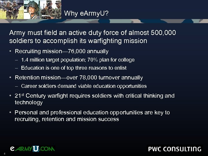 Why e. Army. U? Army must field an active duty force of almost 500,