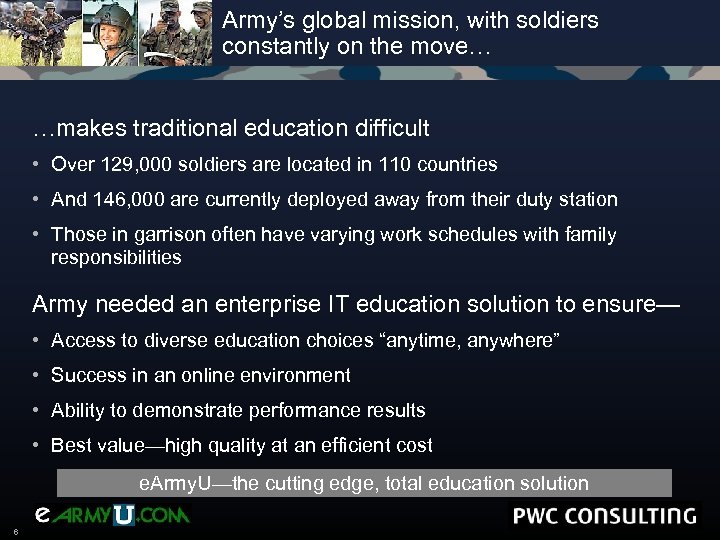 Army’s global mission, with soldiers constantly on the move… …makes traditional education difficult •