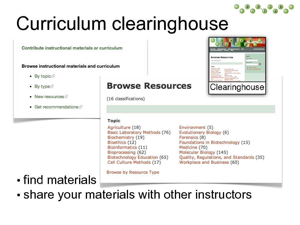 Curriculum clearinghouse • • find materials share your materials with other instructors 