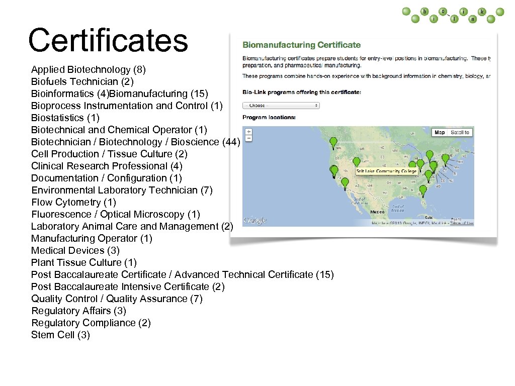 Certificates Applied Biotechnology (8) Biofuels Technician (2) Bioinformatics (4)Biomanufacturing (15) Bioprocess Instrumentation and Control